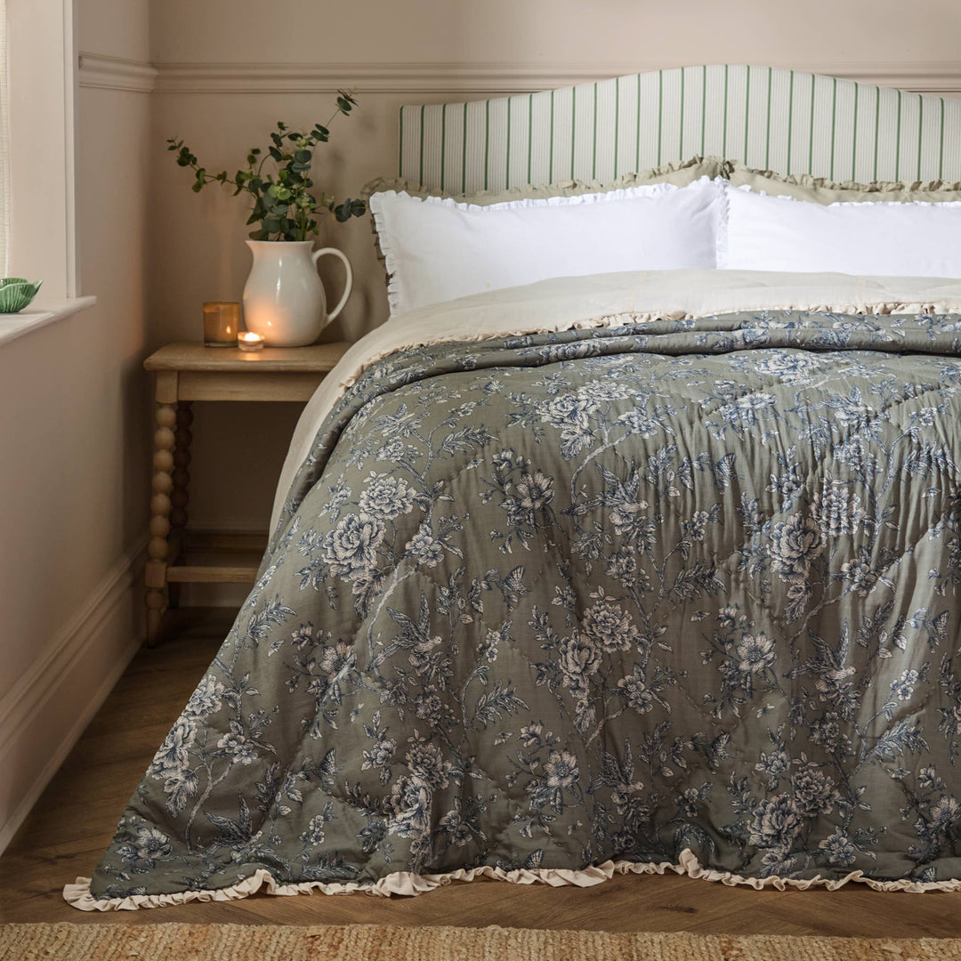 Hermione Ruffled Cotton Bedspread Moss