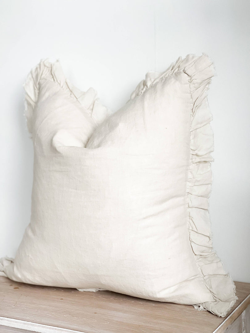 Hallie Ruffled Linen Cushion Cover, Cream