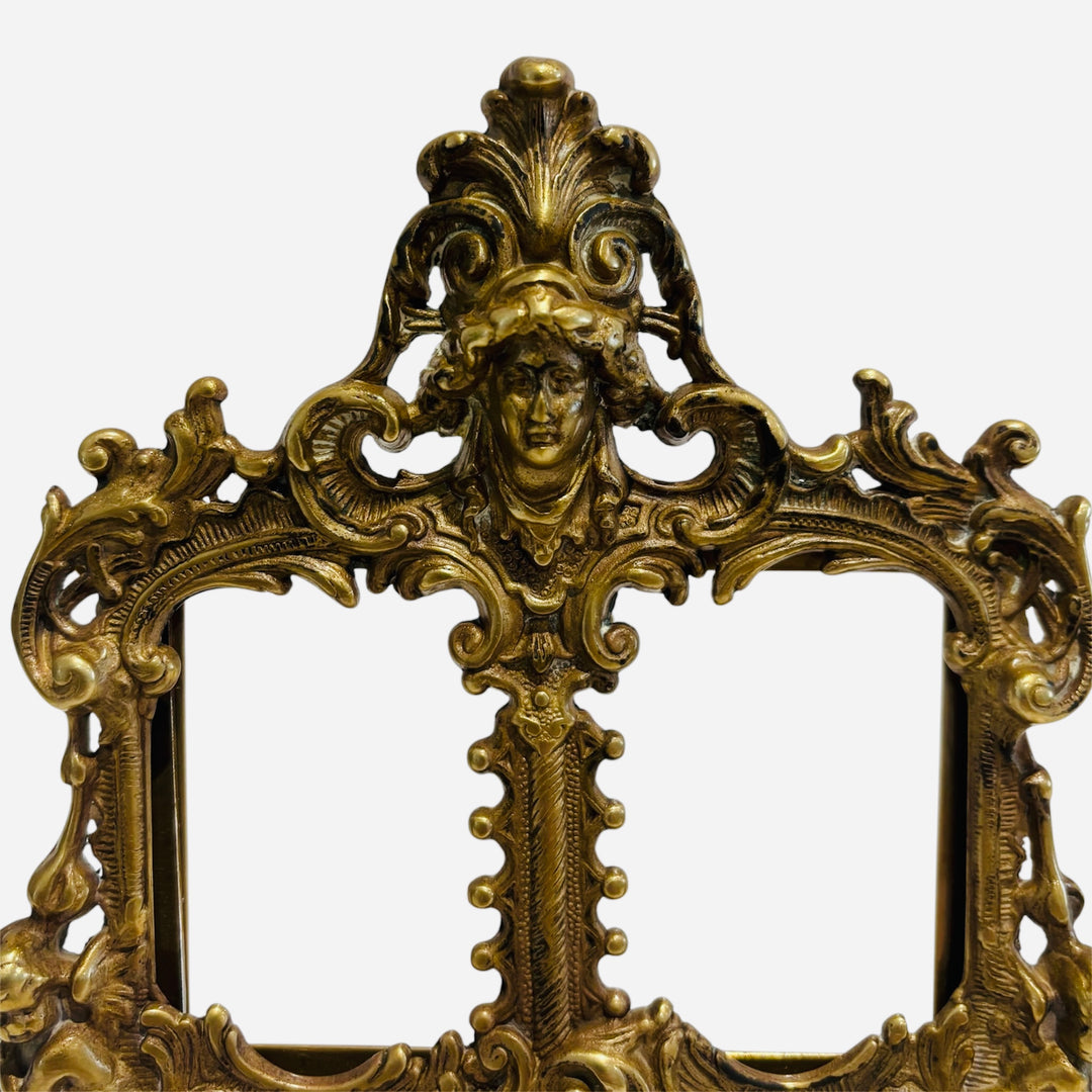 Antique French Rococo Revival Double Photograph Frame with Cherubs & Female Mask