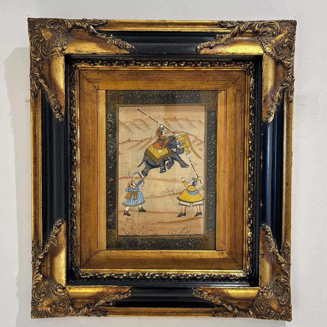 South Asian Miniature Painting of Elephant Rider in Ornate French Gilt Frame