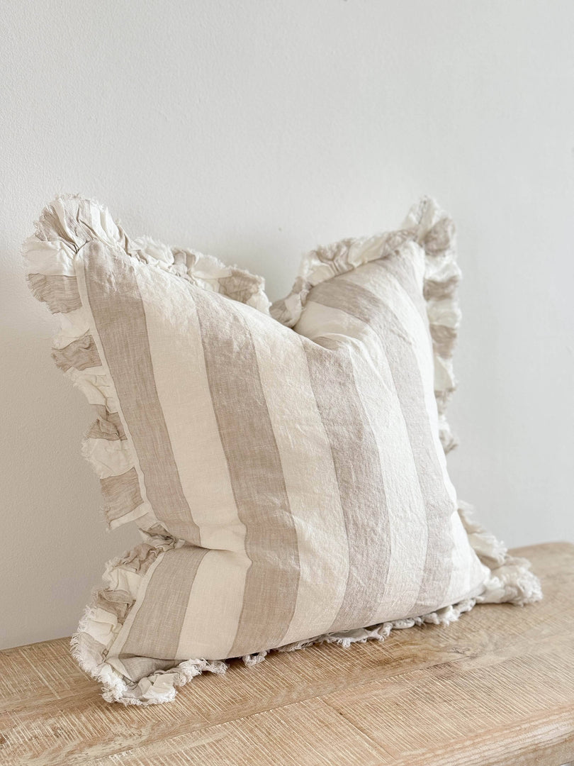 Hallie Ruffled Linen Cushion Cover, Beige & Cream Wide Stripe