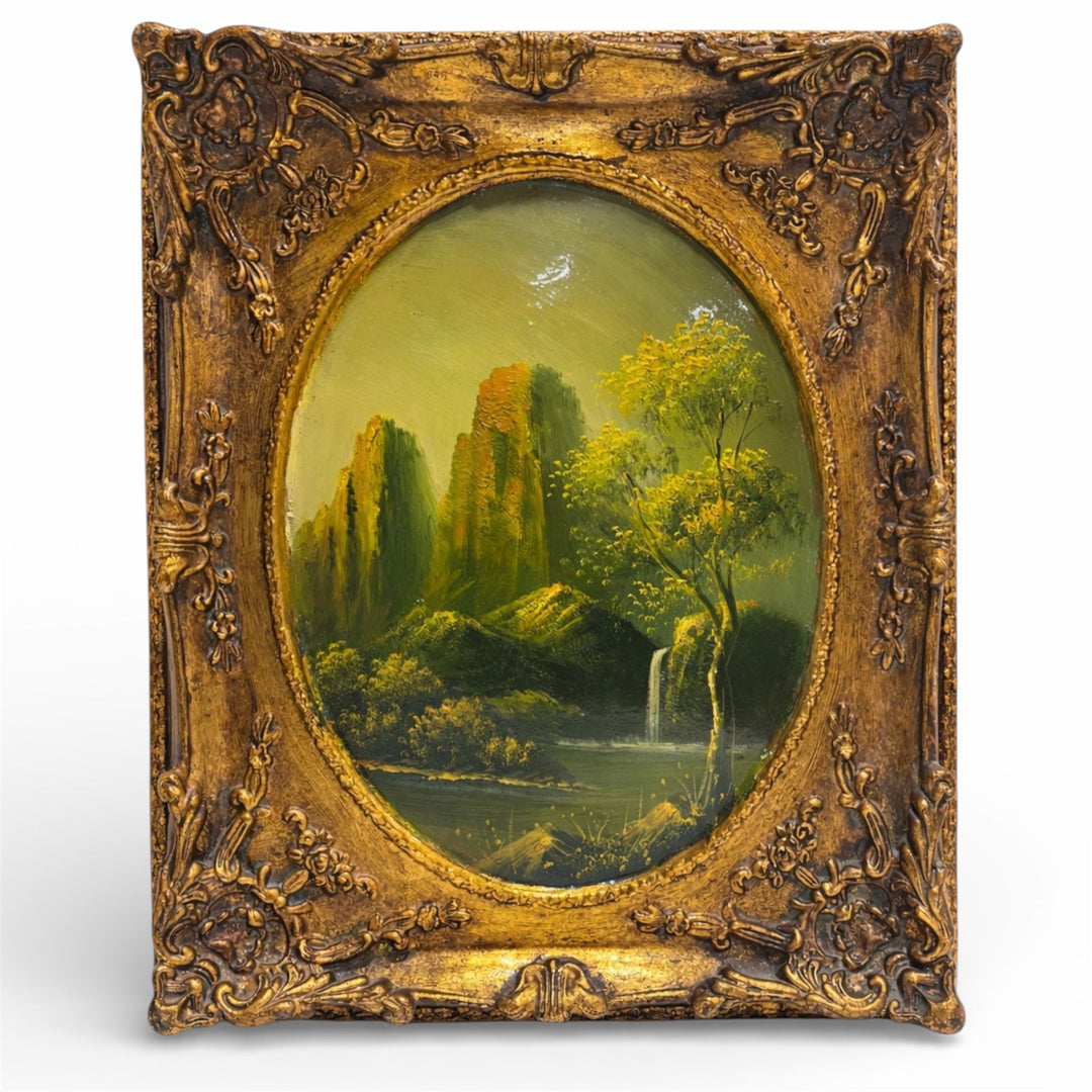 Antique continental Mountain Landscape Oil Painting in Rococo Gilt Frame