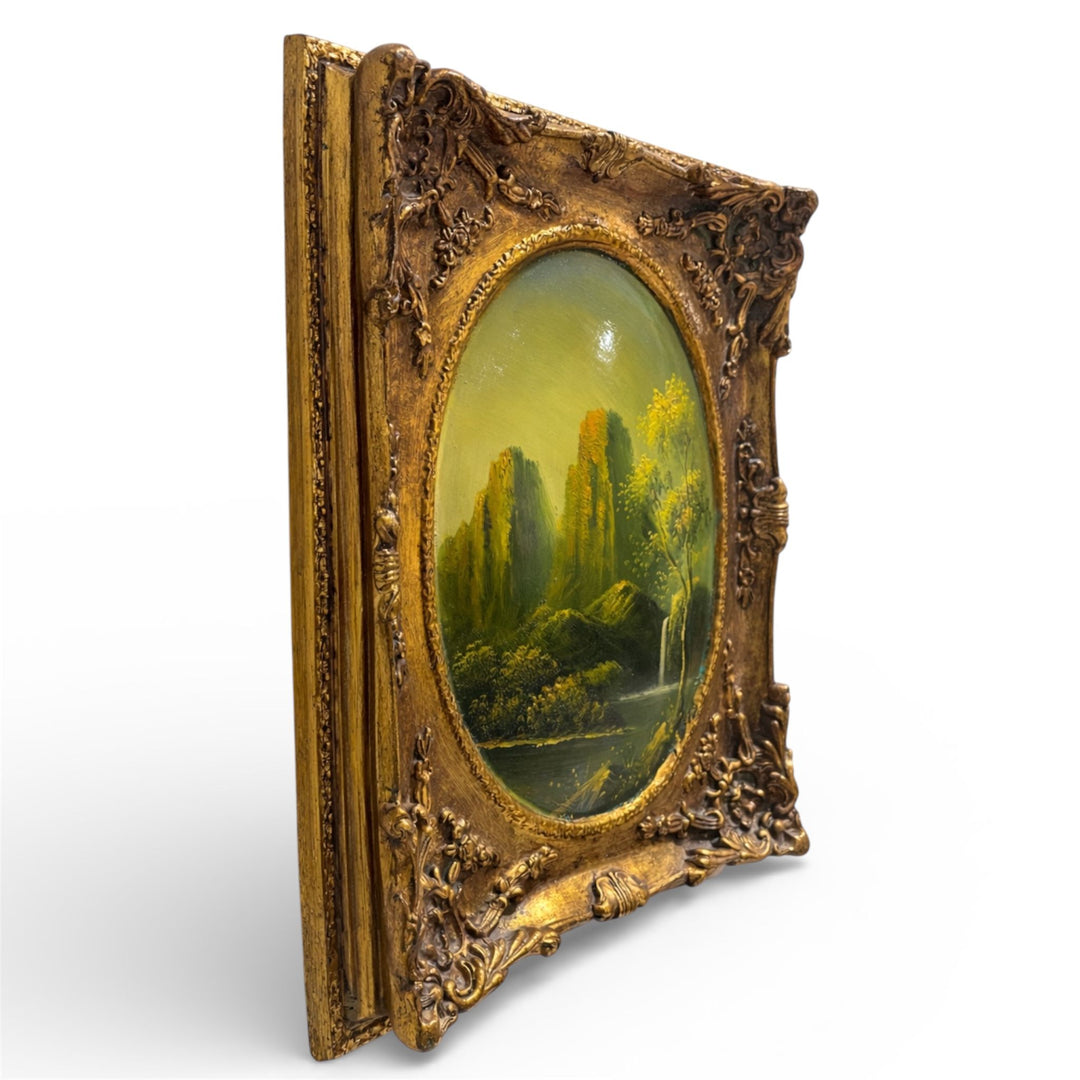 Antique continental Mountain Landscape Oil Painting in Rococo Gilt Frame