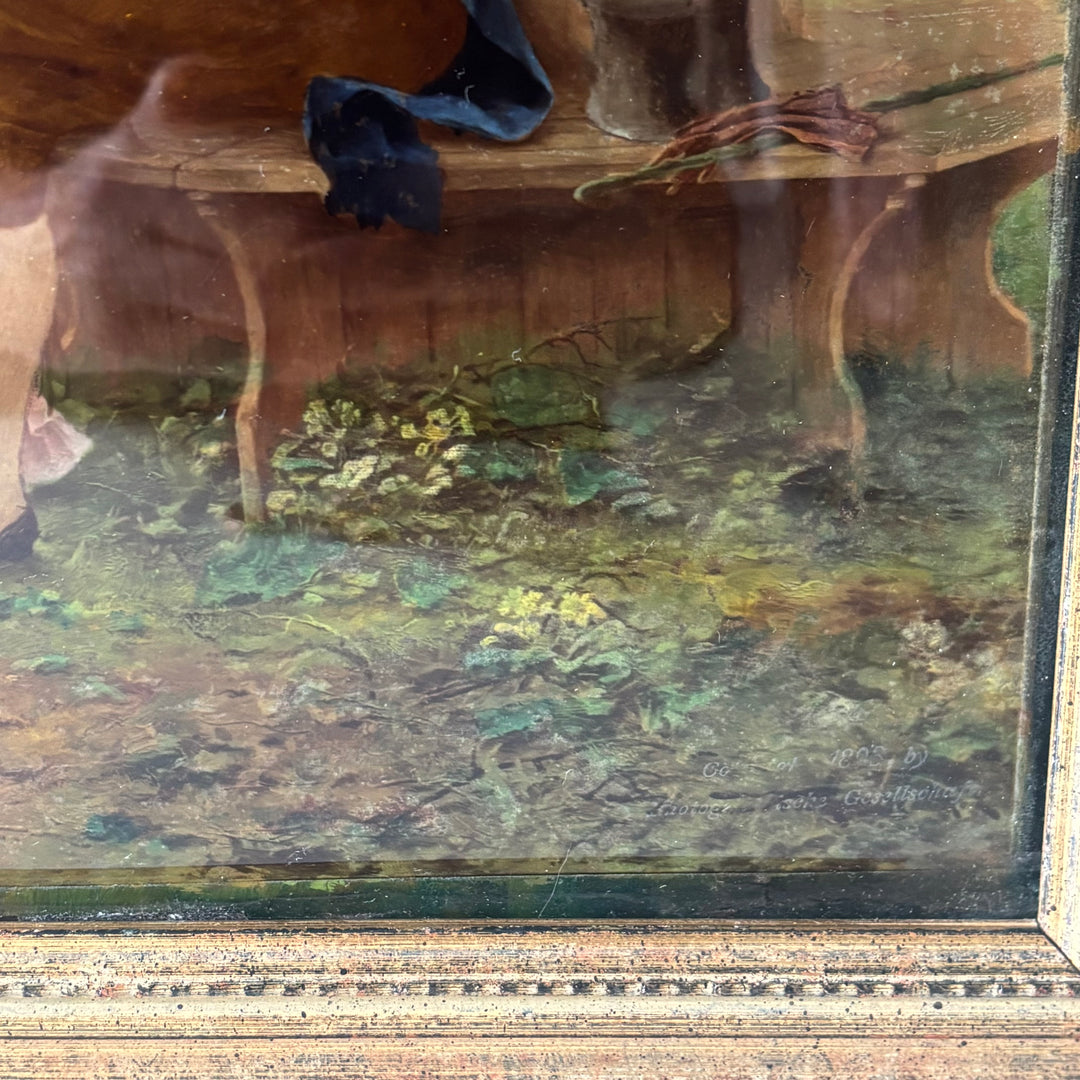 Vintage Reverse Glass Painting in the Verre Églomisé Style, Signed and Dated