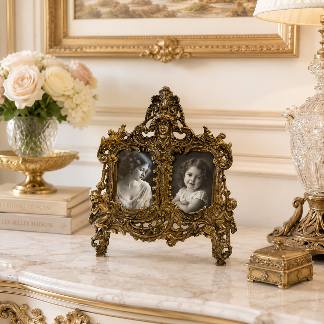 Antique French Rococo Revival Double Photograph Frame with Cherubs & Female Mask
