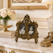 Antique French Rococo Revival Double Photograph Frame with Cherubs & Female Mask