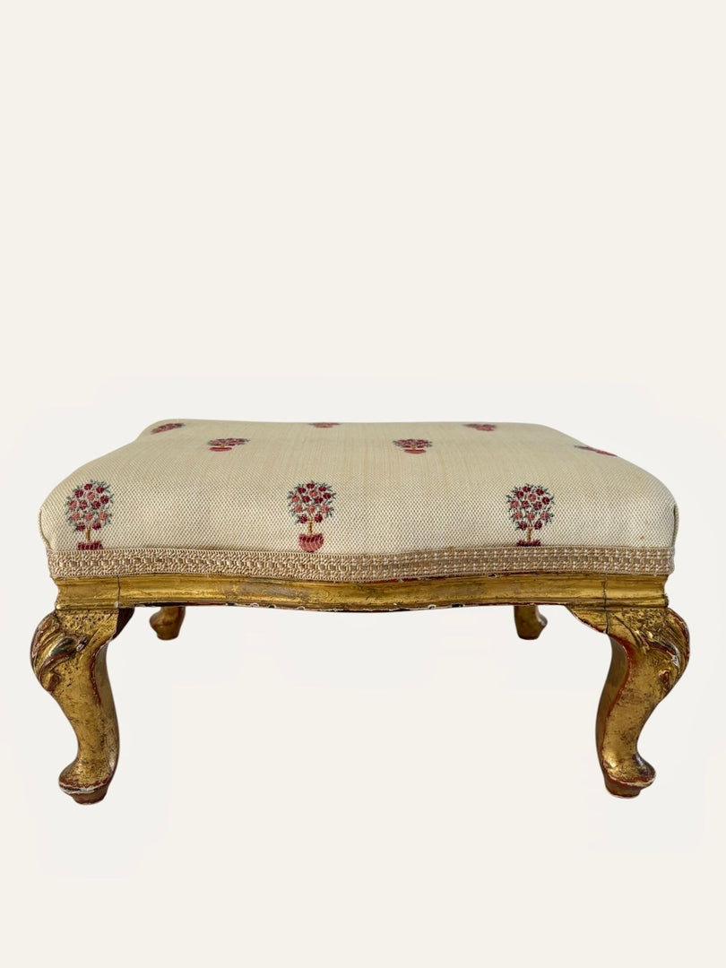 Antique Style Giltwood Footstool with Embroidered Upholstery Louis XV Revival