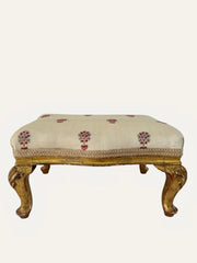 Antique Style Giltwood Footstool with Embroidered Upholstery Louis XV Revival