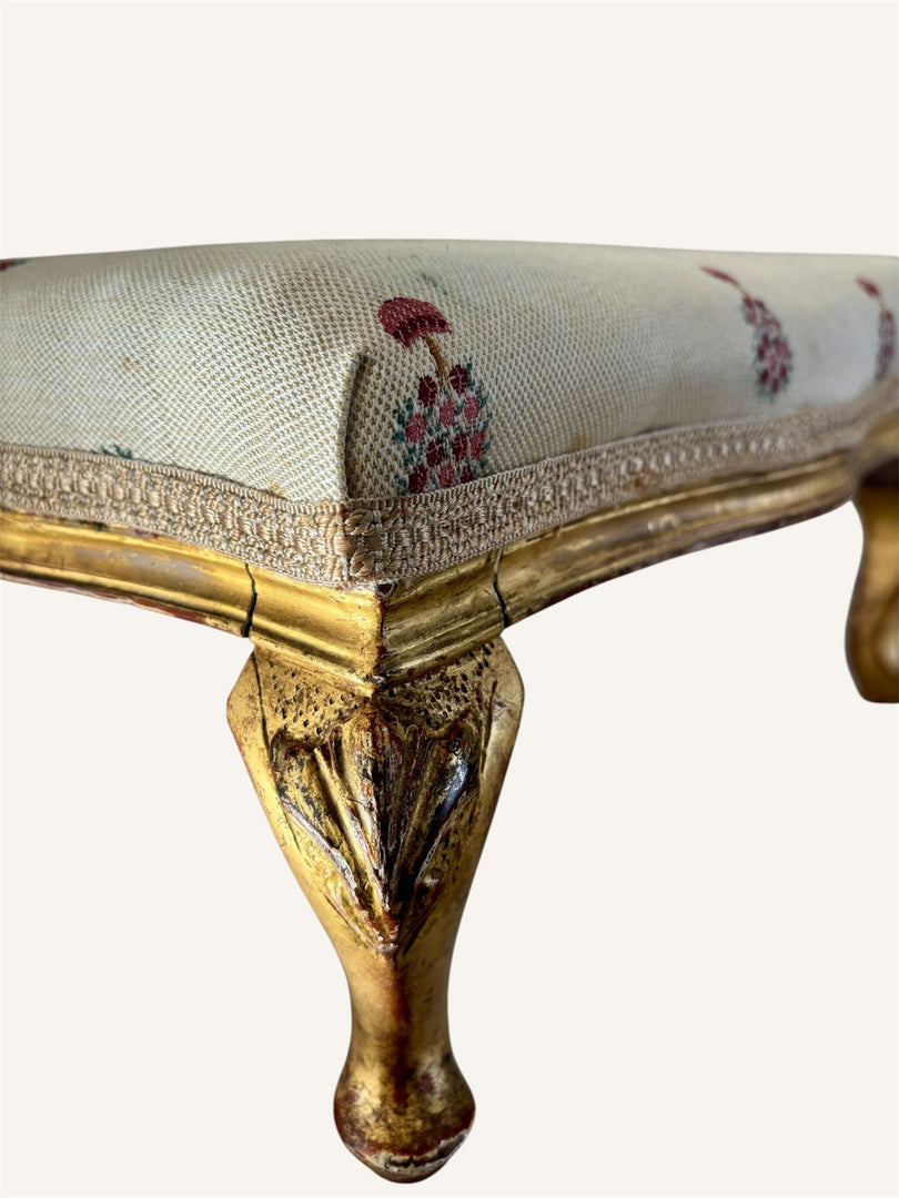 Antique Style Giltwood Footstool with Embroidered Upholstery Louis XV Revival
