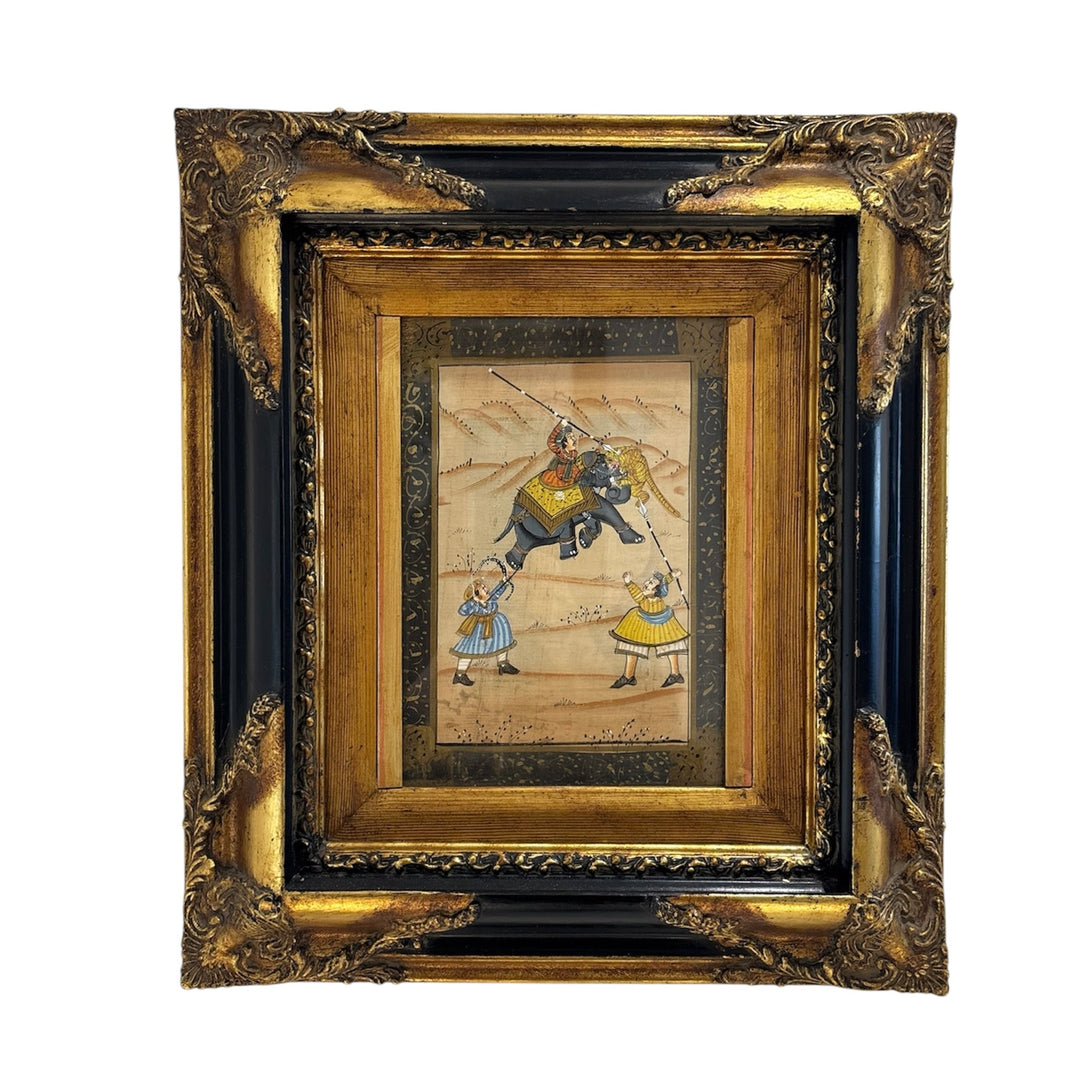 South Asian Miniature Painting of Elephant Rider in Ornate French Gilt Frame