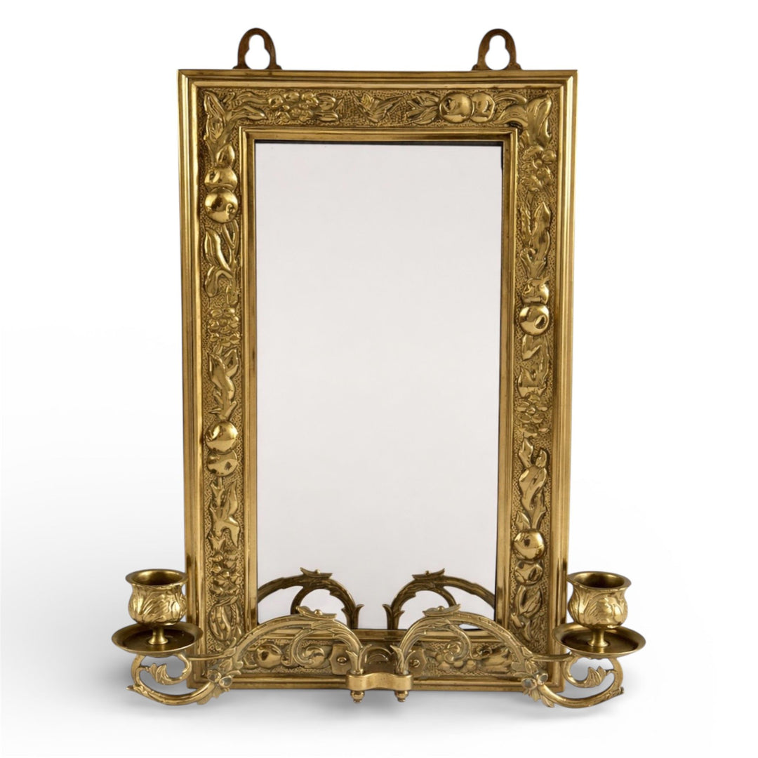 Antique Brass Wall Mirror with Twin Candle Sconces