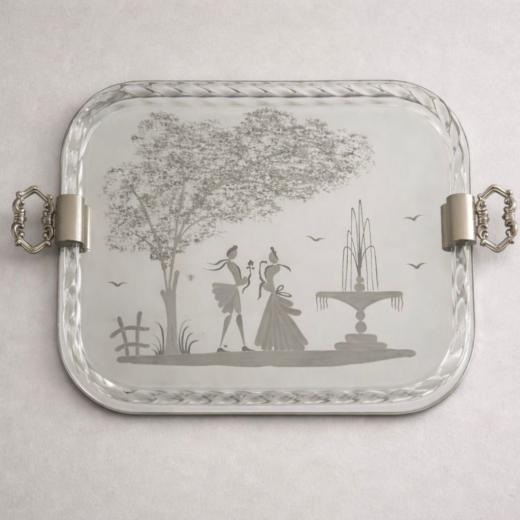 Vintage Italian Etched Glass Vanity or Drinks Tray, Mid-20th Century