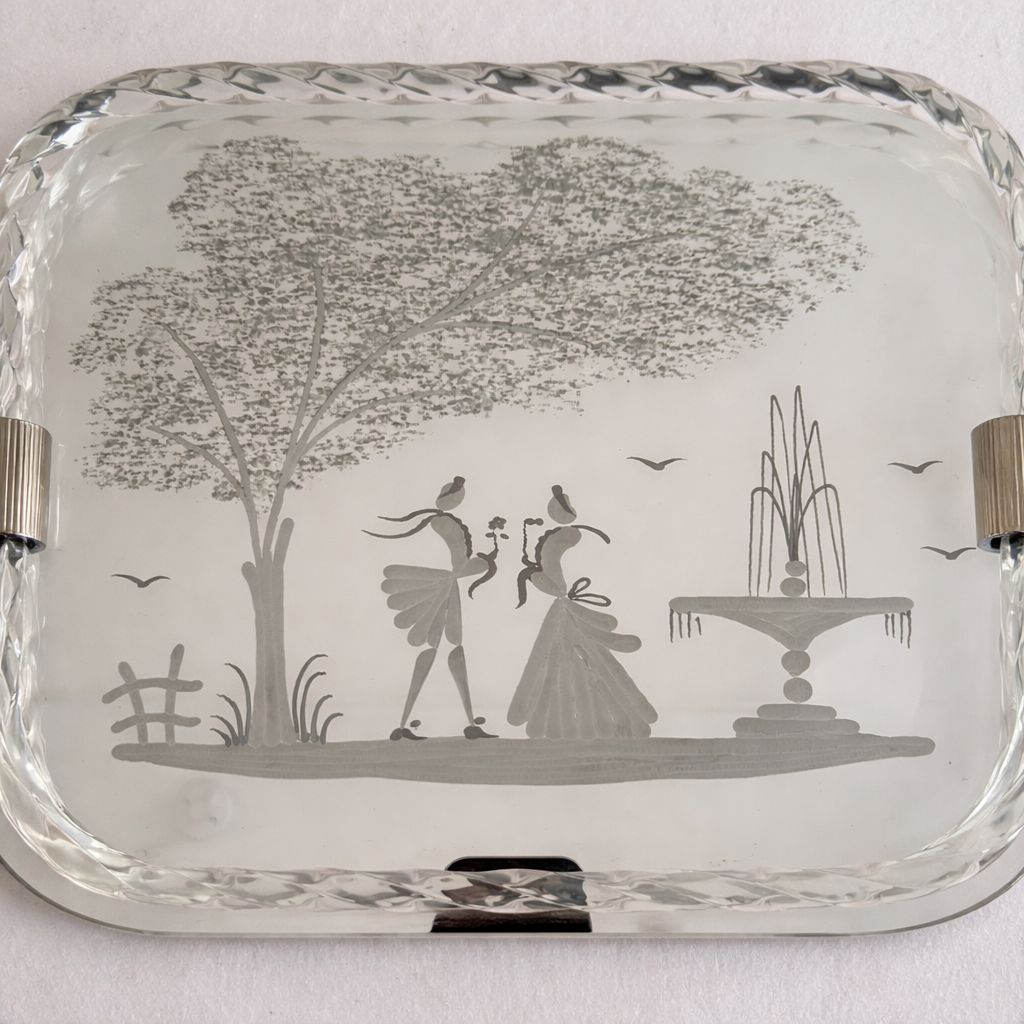 Vintage Italian Etched Glass Vanity or Drinks Tray, Mid-20th Century