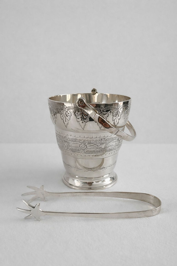Vintage Silver-Plated Ice Bucket with Claw Ice Tongs. Mid Century Barware