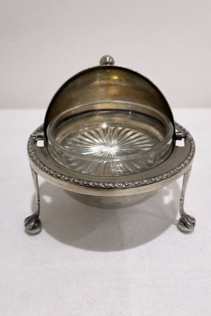 Vintage Silver-Plated Lidded Serving Dish with Glass Liner on Stand
