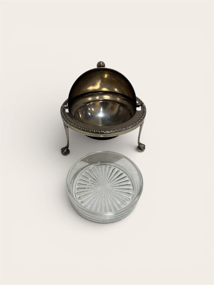 Vintage Silver-Plated Lidded Serving Dish with Glass Liner on Stand