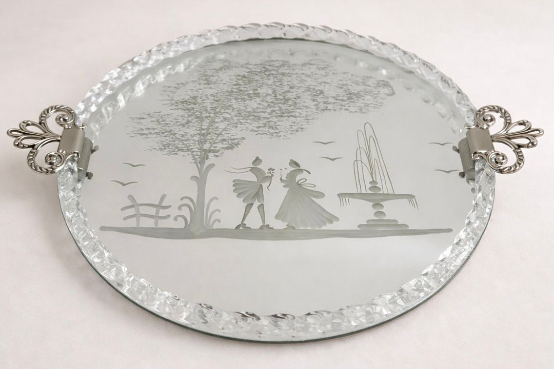 Vintage Round Italian Etched Glass Vanity or Drinks Tray, Mid-20th Century