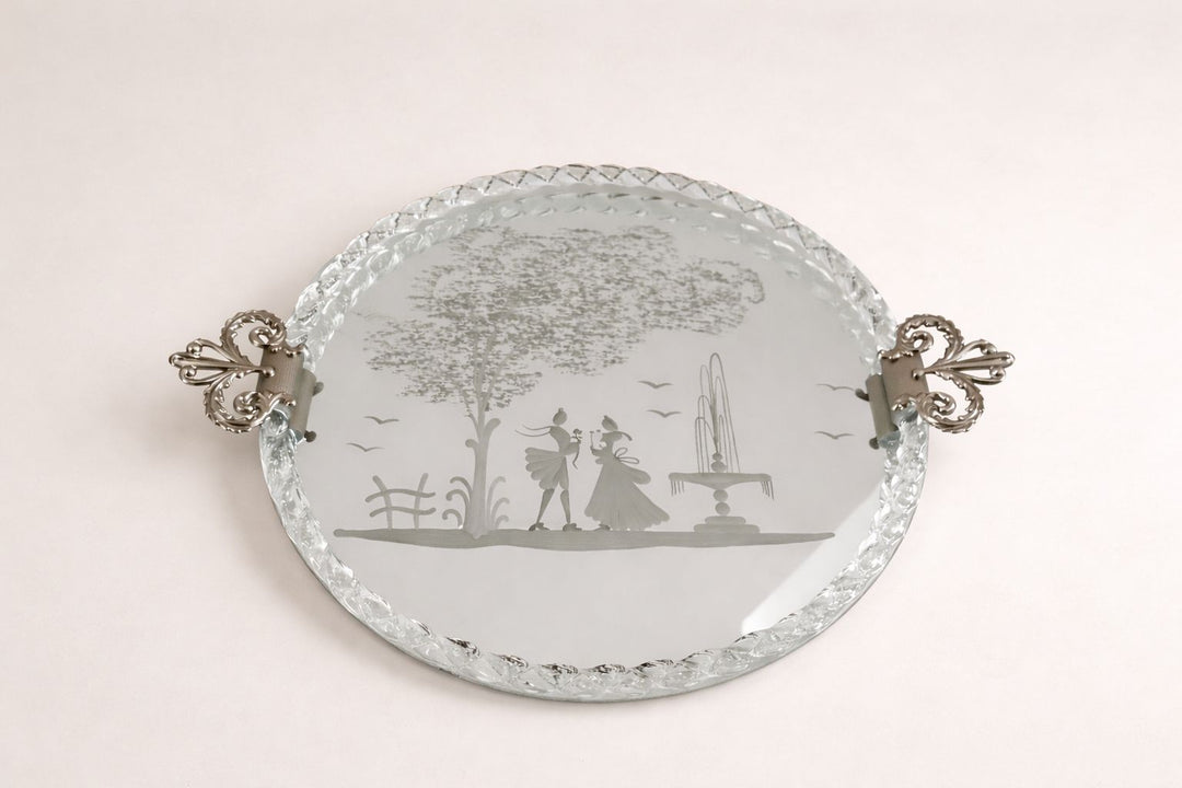 Vintage Round Italian Etched Glass Vanity or Drinks Tray, Mid-20th Century