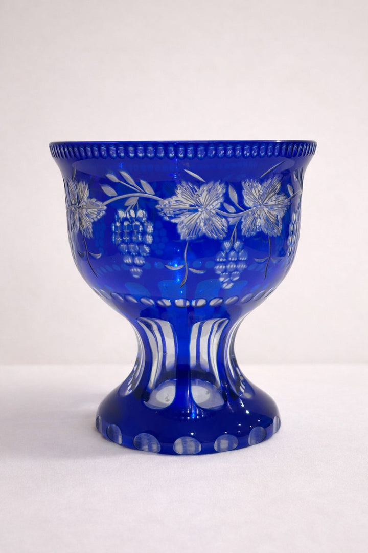 Vintage Cobalt Blue Cut Glass Pedestal Bowl / Vase Bohemian Style