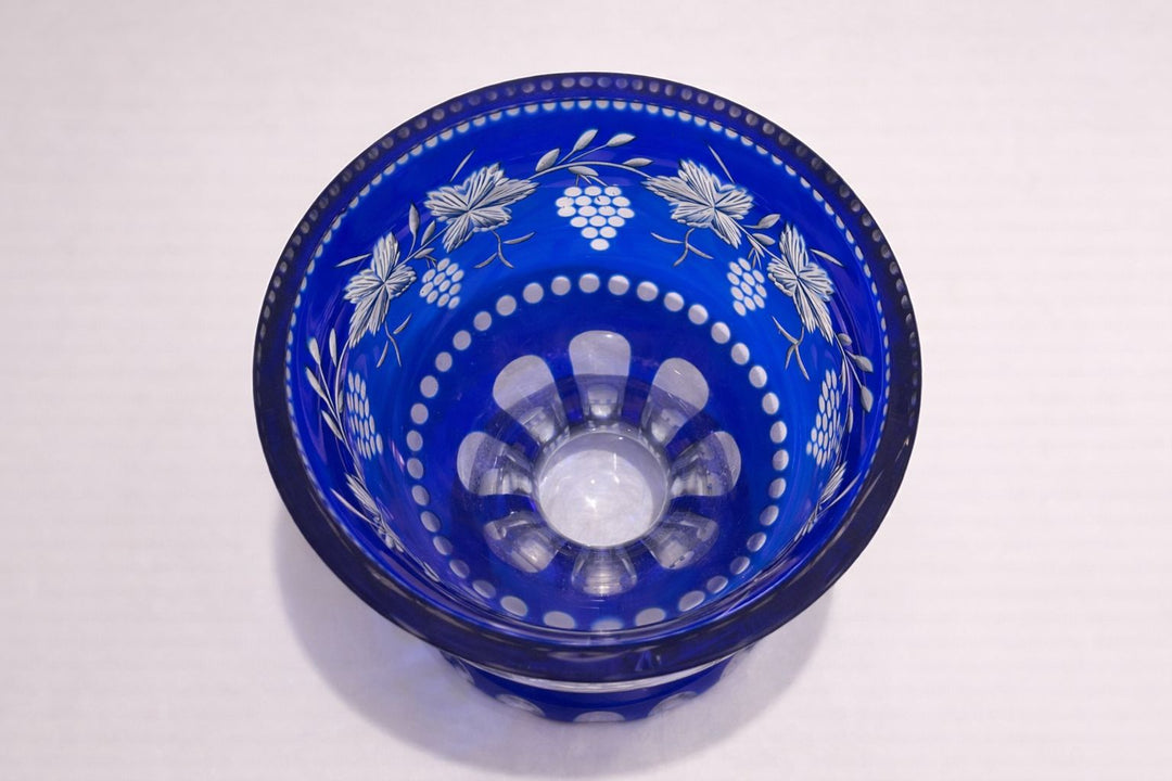Vintage Cobalt Blue Cut Glass Pedestal Bowl / Vase Bohemian Style
