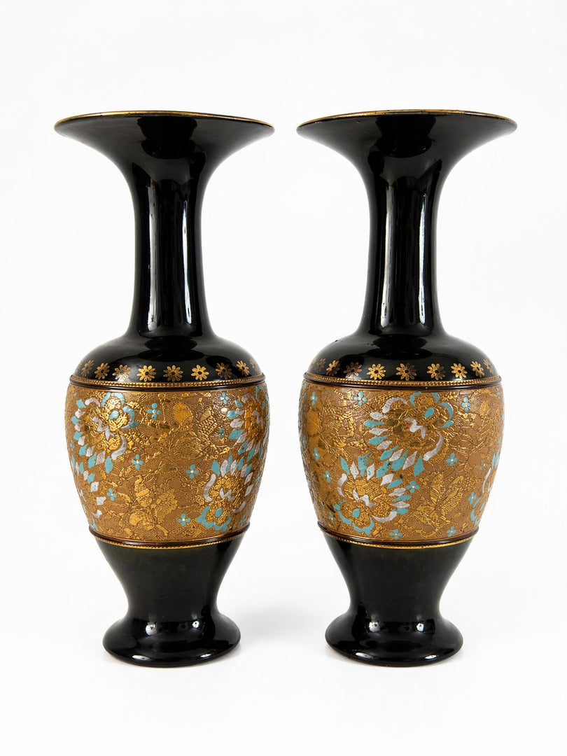 Pair of Royal Doulton Gilt & Enamel Baluster Vases Pattern 538 / 7009, England (c.1930s)