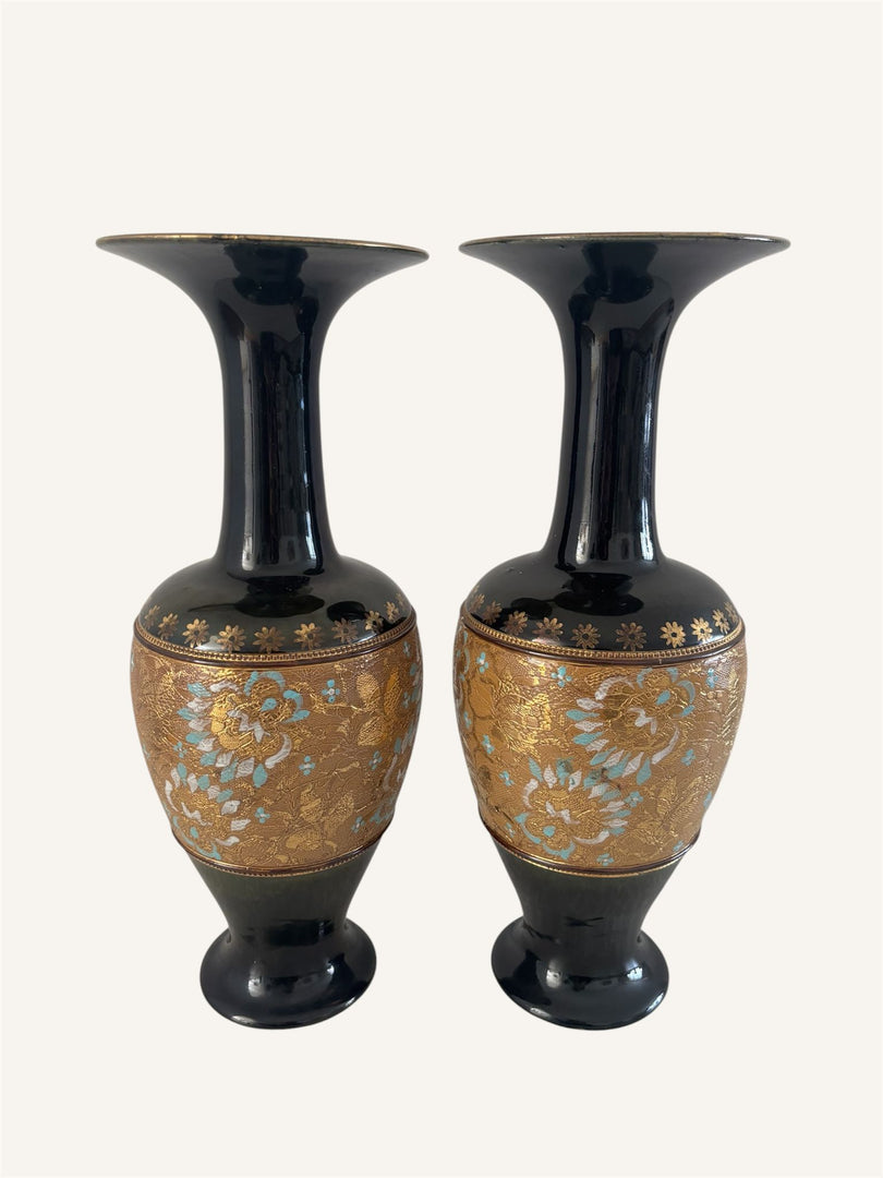 Pair of Royal Doulton Gilt & Enamel Baluster Vases Pattern 538 / 7009, England (c.1930s)