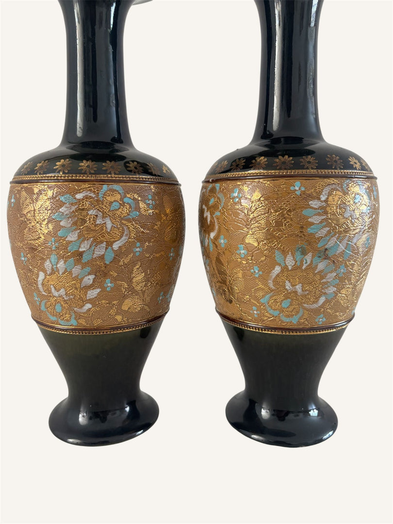 Pair of Royal Doulton Gilt & Enamel Baluster Vases Pattern 538 / 7009, England (c.1930s)
