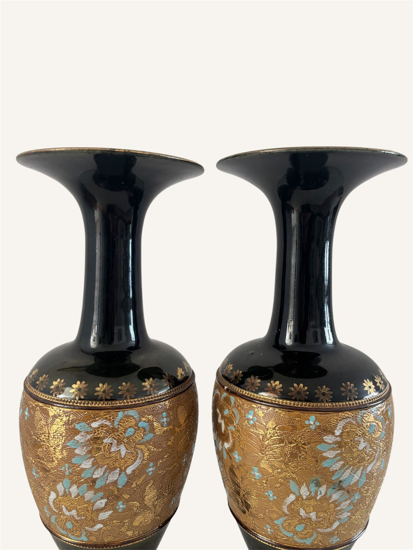 Pair of Royal Doulton Gilt & Enamel Baluster Vases Pattern 538 / 7009, England (c.1930s)