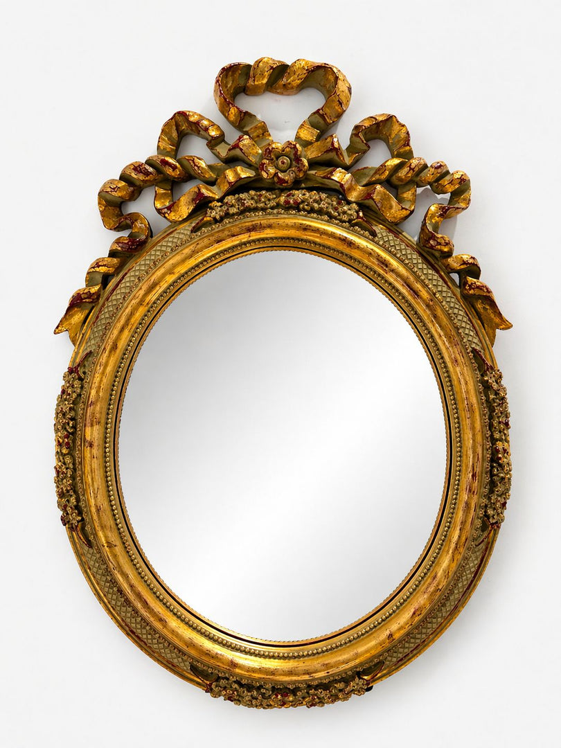 Vintage Oval Gilt Mirror with Ribbon Crest, Louis XVI Revival Design