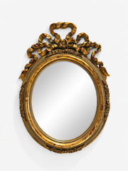 Vintage Oval Gilt Mirror with Ribbon Crest, Louis XVI Revival Design