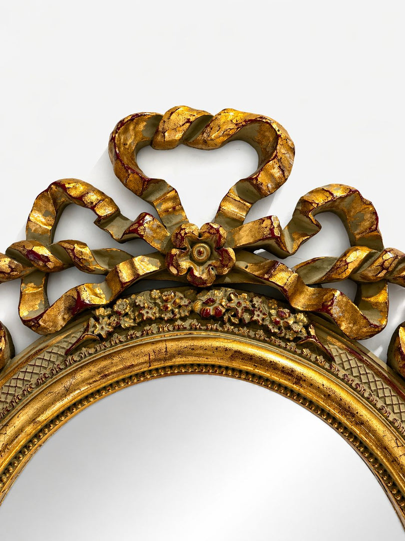 Vintage Oval Gilt Mirror with Ribbon Crest, Louis XVI Revival Design