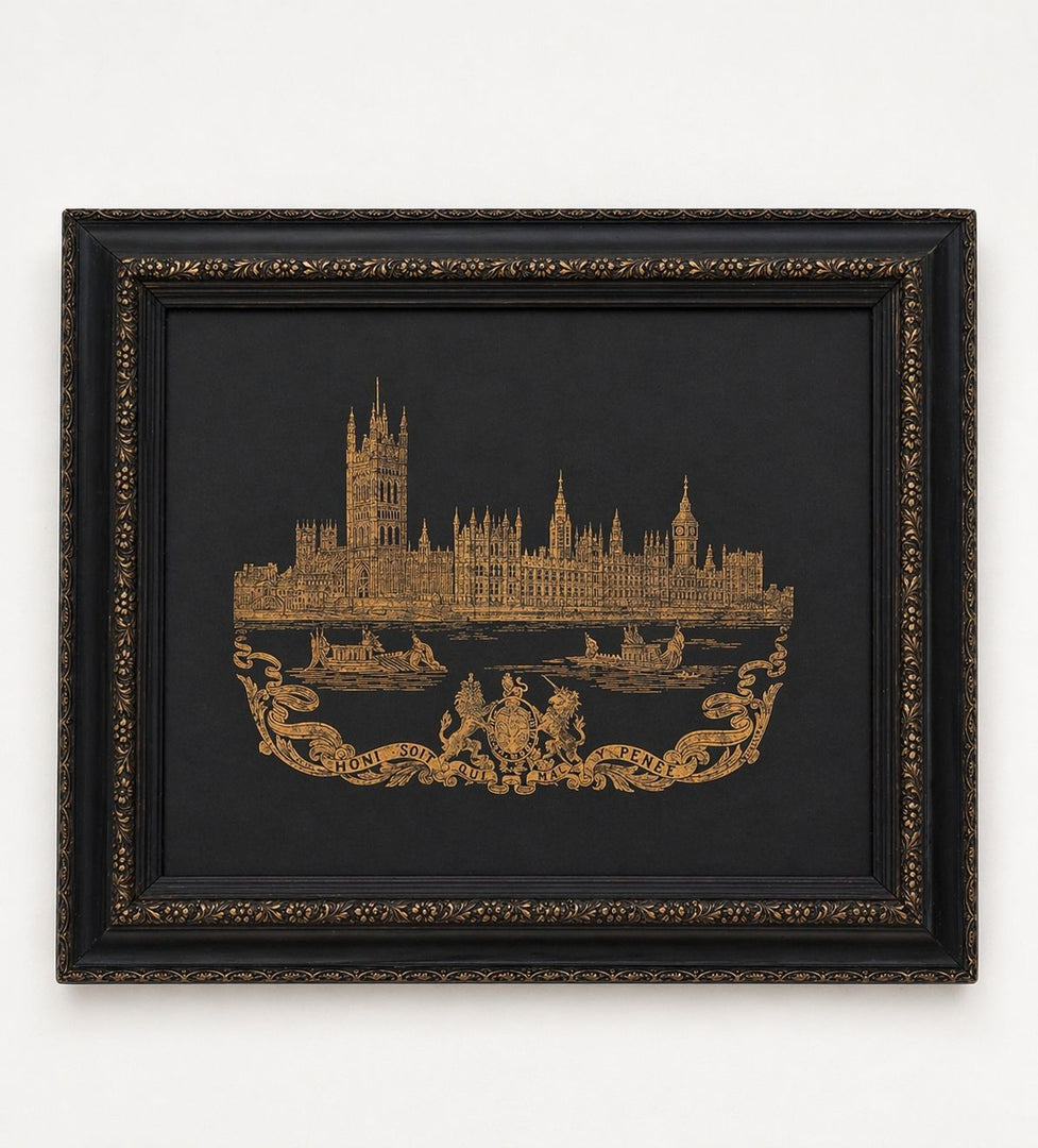 Framed Jacquard Woven Panel of the Houses of Parliament, Gilt on Black Textile
