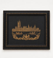 Framed Jacquard Woven Panel of the Houses of Parliament, Gilt on Black Textile