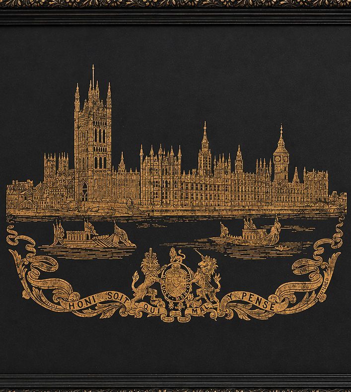 Framed Jacquard Woven Panel of the Houses of Parliament, Gilt on Black Textile