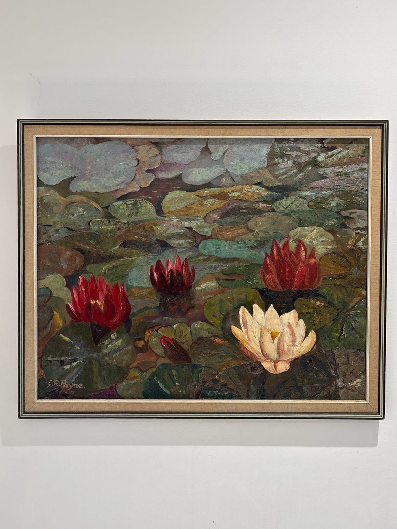 Vintage Oil Painting of Water Lilies, Signed, Mid-20th Century