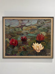 Vintage Oil Painting of Water Lilies, Signed, Mid-20th Century