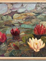 Vintage Oil Painting of Water Lilies, Signed, Mid-20th Century