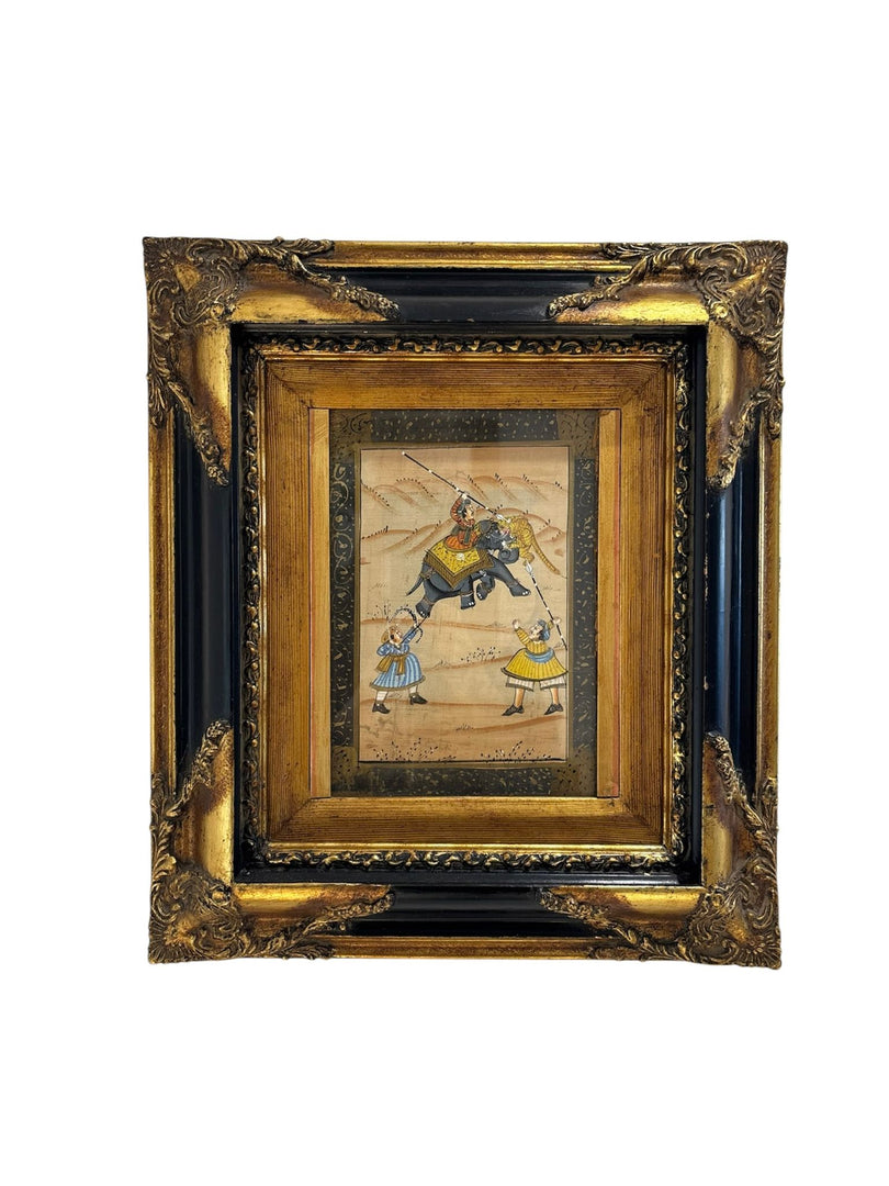 South Asian Miniature Painting of Elephant Rider in Ornate French Gilt Frame