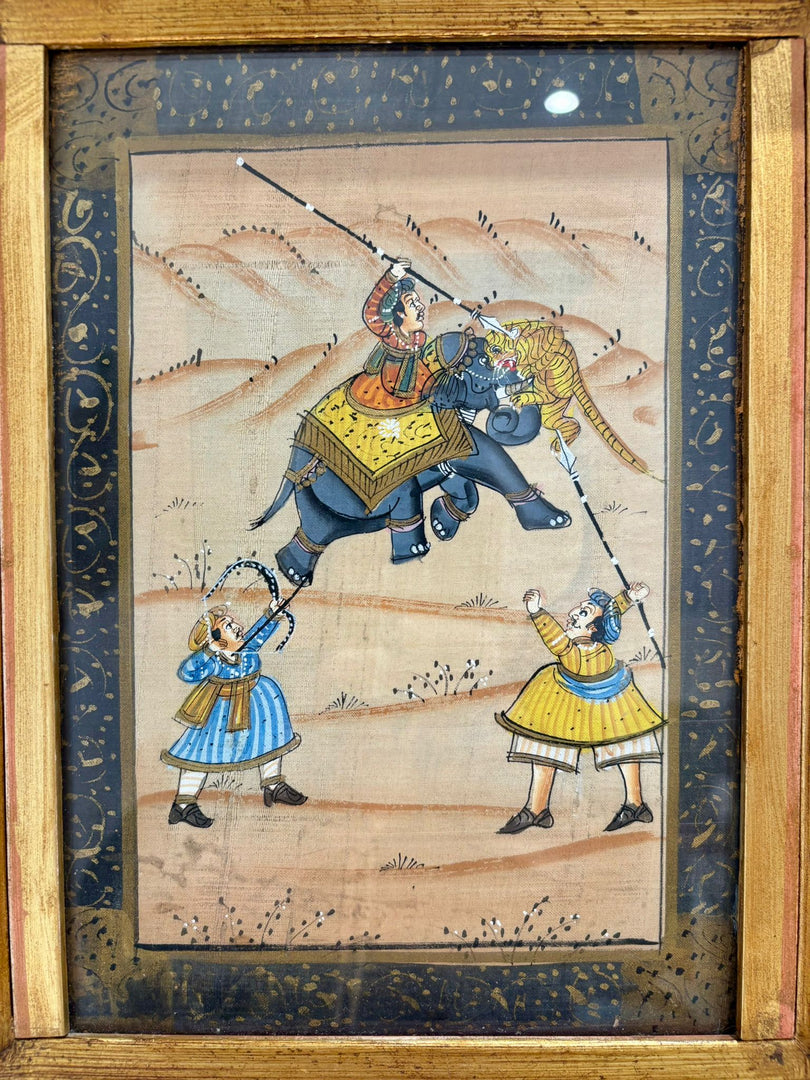 South Asian Miniature Painting of Elephant Rider in Ornate French Gilt Frame