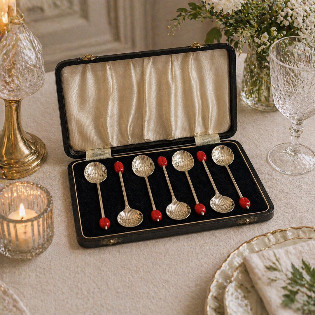 Vintage Set of Six Silver Plated Shell Bowls / Spoons with Red Bakelite Finials in Presentation Case