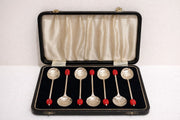 Vintage Set of Six Silver Plated Shell Bowls / Spoons with Red Bakelite Finials in Presentation Case