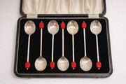 Vintage Set of Six Silver Plated Shell Bowls / Spoons with Red Bakelite Finials in Presentation Case