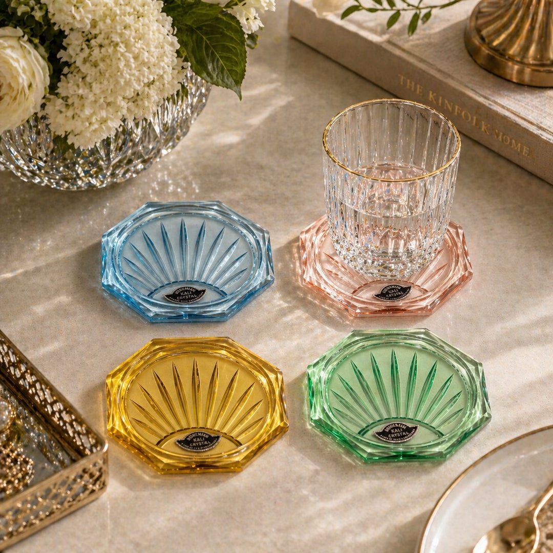 Vintage Bohemian KALI Crystal Coloured Coasters   of 4 Czech Glass, Cased