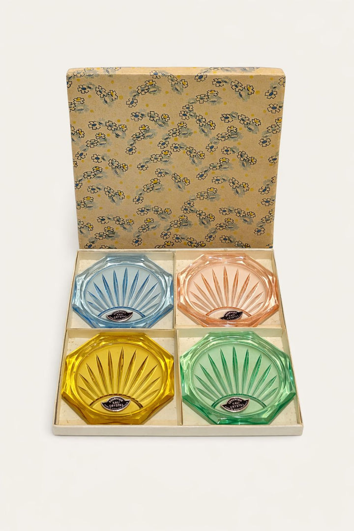 Vintage Bohemian KALI Crystal Coloured Coasters   of 4 Czech Glass, Cased