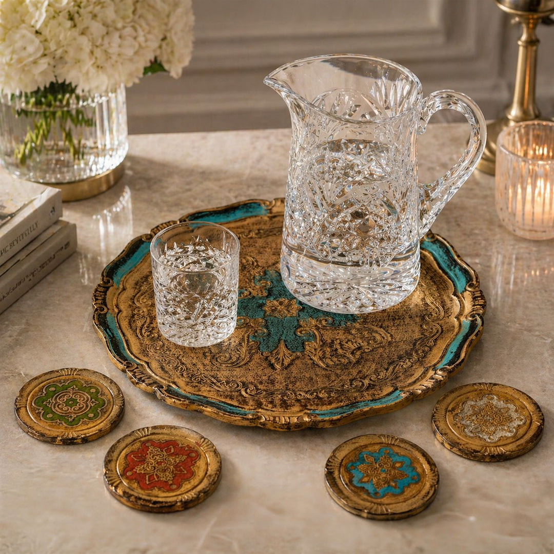 Vintage Italian Florentine Gilt Tray & Matching Hand Painted Coasters. Mid Century Set