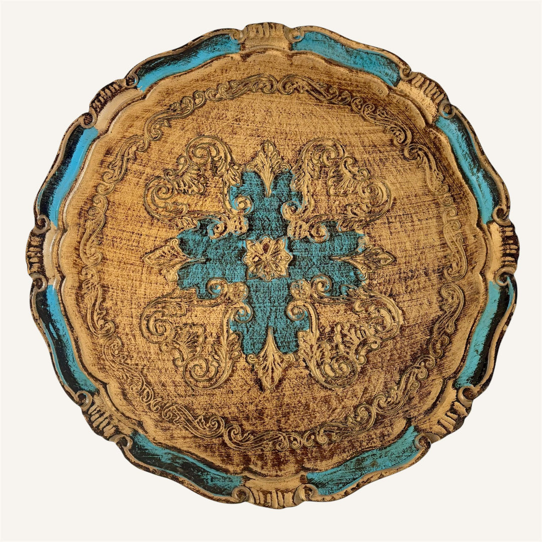 Vintage Italian Florentine Gilt Tray & Matching Hand Painted Coasters. Mid Century Set
