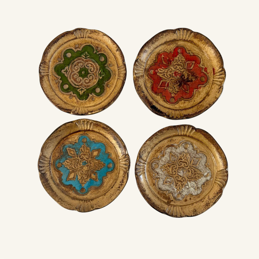 Vintage Italian Florentine Gilt Tray & Matching Hand Painted Coasters. Mid Century Set