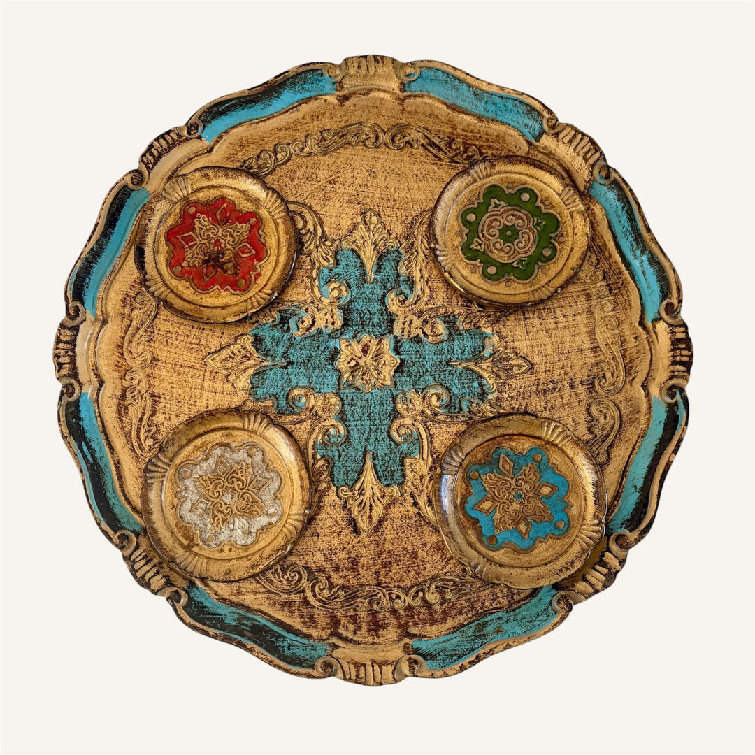 Vintage Italian Florentine Gilt Tray & Matching Hand Painted Coasters. Mid Century Set