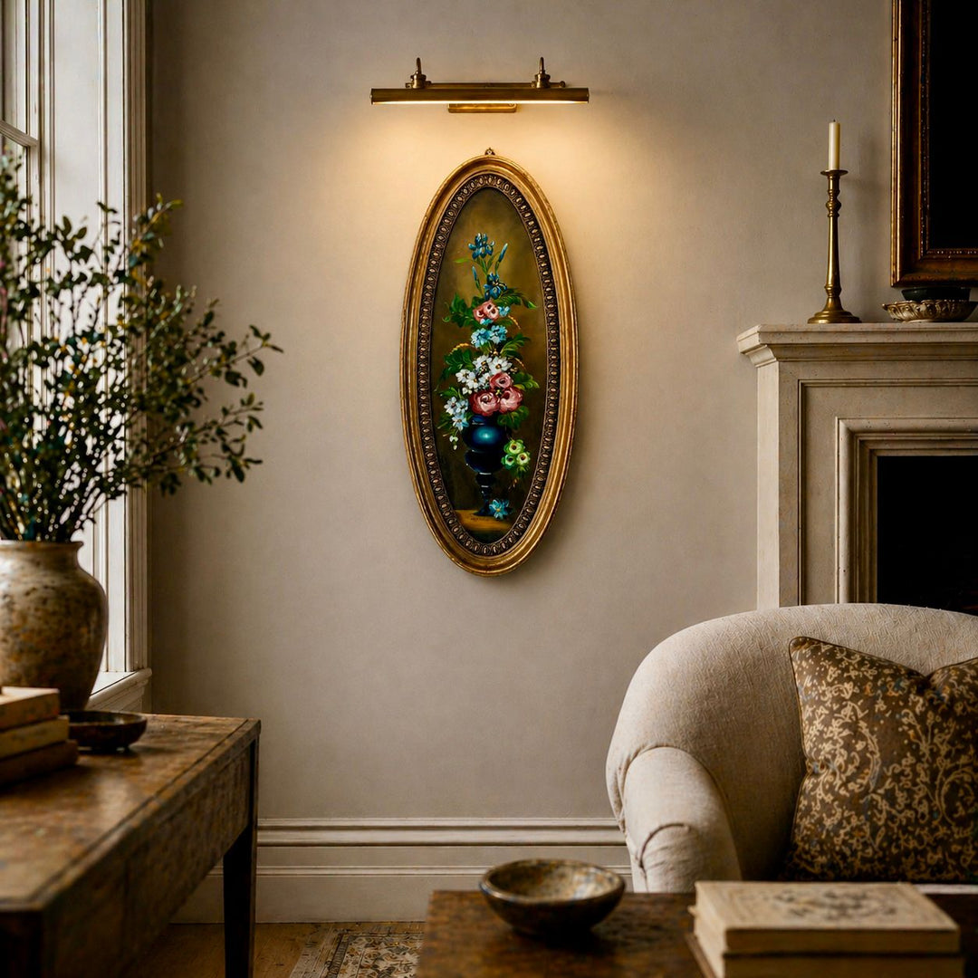 Signed Vintage Floral Still Life Oil Painting in Oval Gilt Frame, Under Glass