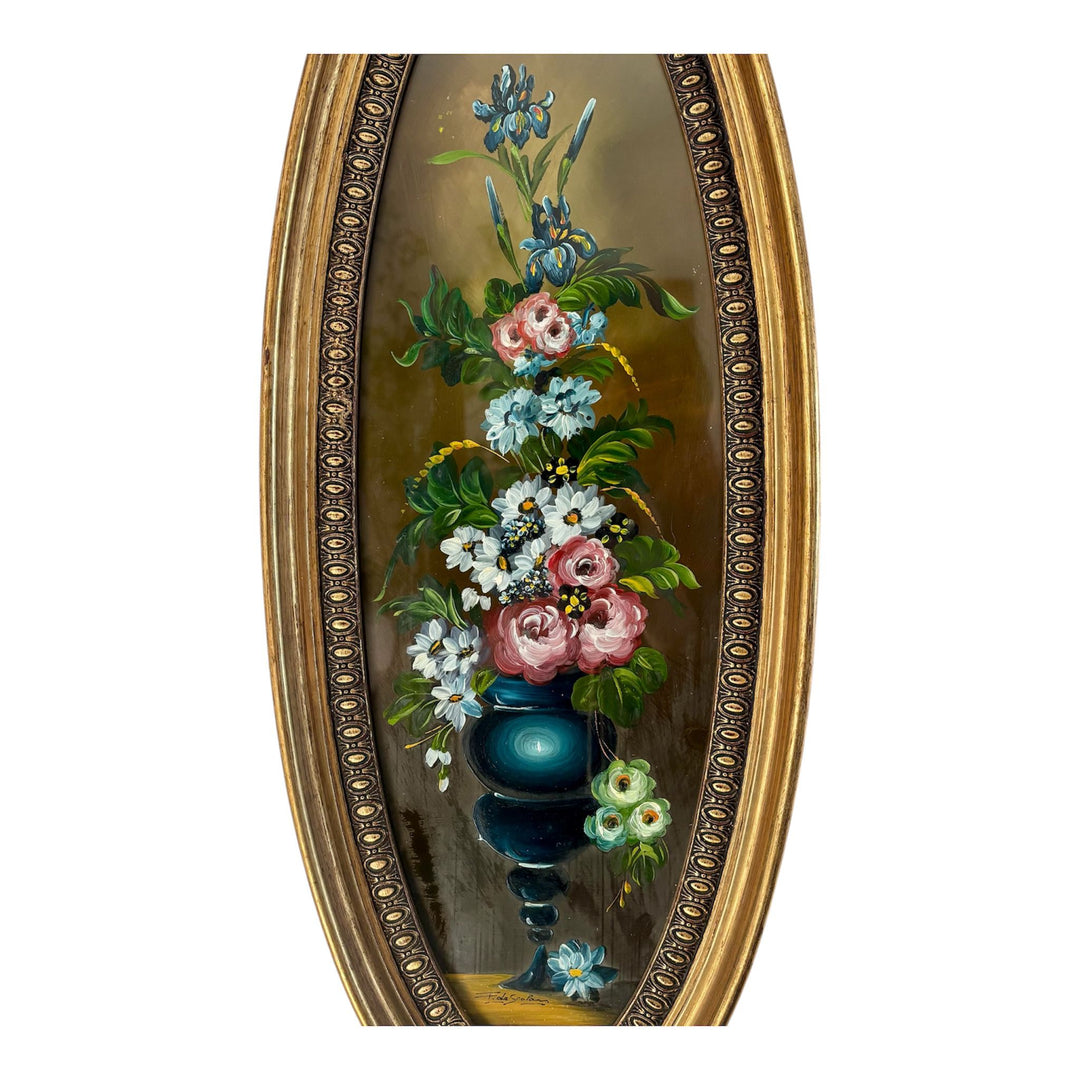 Signed Vintage Floral Still Life Oil Painting in Oval Gilt Frame, Under Glass